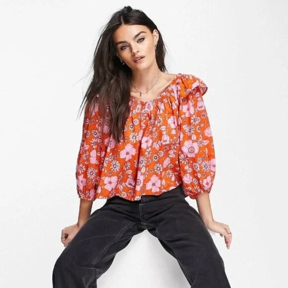 Free People Miss Daisy Floral Printed Pull On Off The Shoulder Smock Flowy Top - Picture 2 of 7